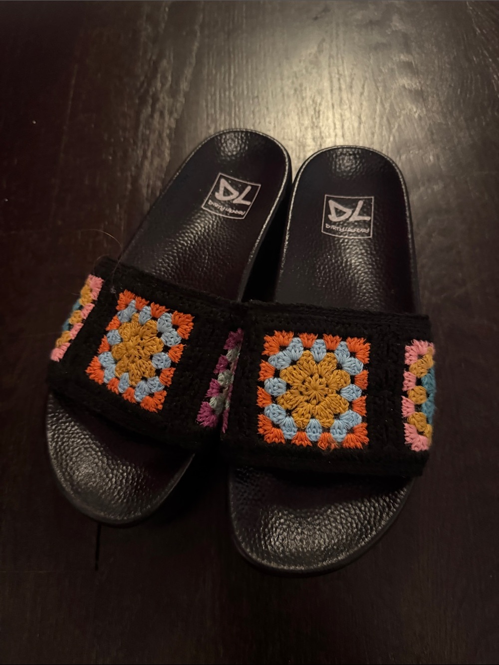 Dirty Laundry Black Slide Sandals with Multicolor Crochet Squares
